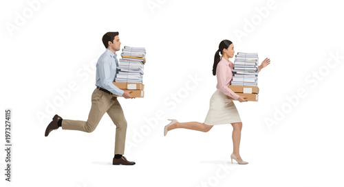 Business people running with paperwork.