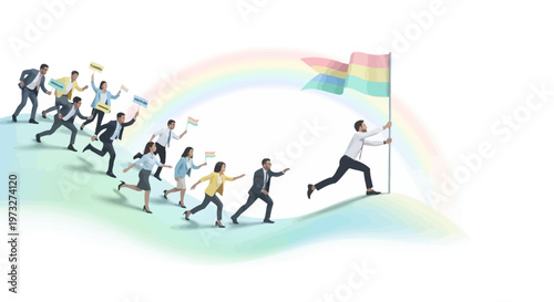 Businessman crosses finish line first place.