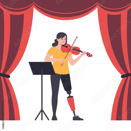 A violinist with a prosthetic leg performs on a stage with red curtains