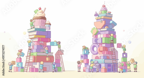 Children building colorful block towers.