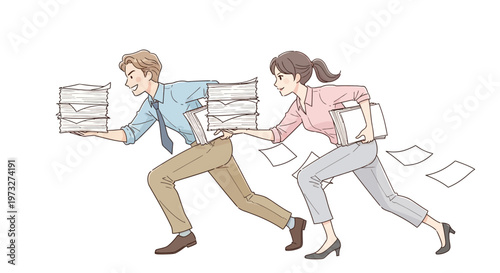 Business people running with papers.