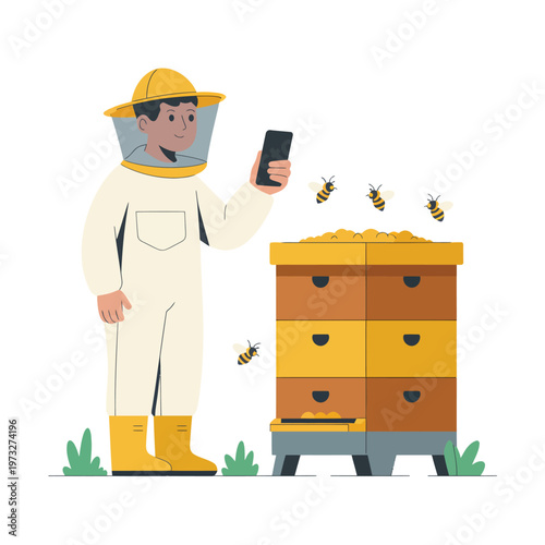 Beekeeper using a smartphone near a beehive with flying bees