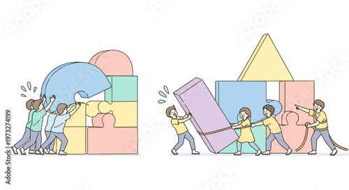 People working together with blocks.