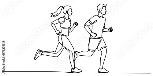 A single continuous line drawing of a fit man and woman jogging together for health and fitness.