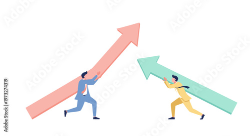 Business people pushing growth arrows upward.