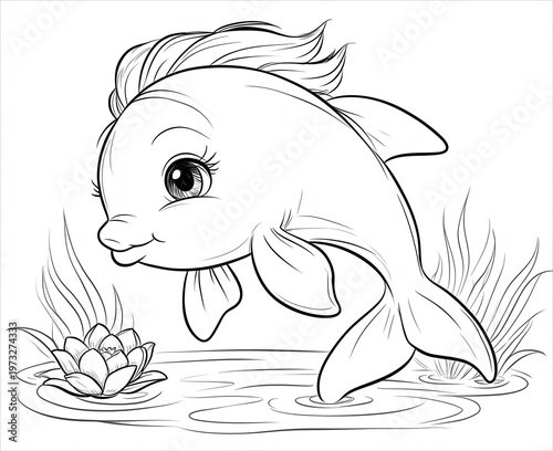 Cute fish swimming near lily pads in a pond scene