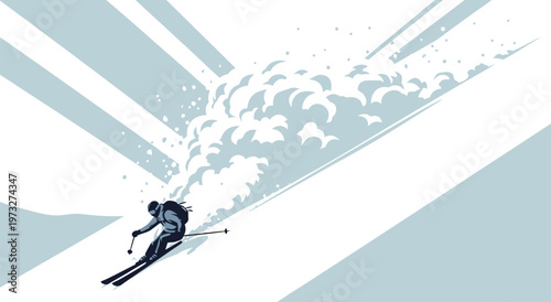 Skiing Downhill Vector Illustration with Snow Spray and Speed Lines - Dynamic Sports Graphic