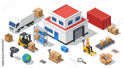 Isometric vector illustration of a logistics and delivery warehouse with trucks, forklifts, and shipping containers for global distribution