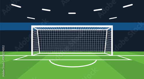Vector illustration of an empty soccer goalpost on a green field with stadium lights in the background