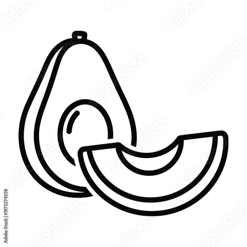 Whole and sliced avocado fruit outline illustration for healthy food and natural cuisine concepts with cooking ingredient with raw food