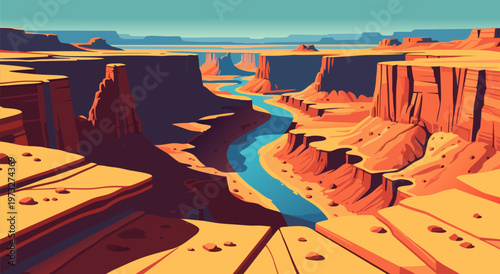 Vibrant Vector Illustration of a Majestic Canyon Landscape with a Winding River, an Artistic Representation of Nature's Grandeur and Geological Formations
