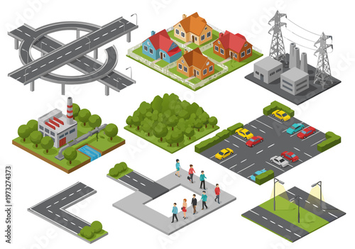 Isometric vector illustration of urban infrastructure, including roads, houses, factories, and power lines