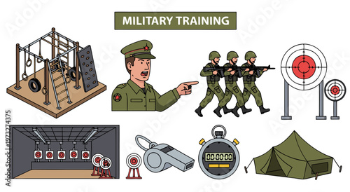 Military Training Vector Illustration Depicting Armed Forces Discipline, Marksmanship, and Physical Endurance Activities