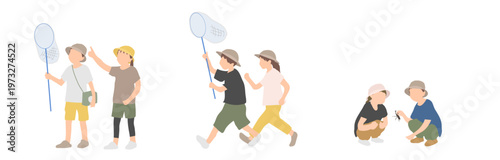 虫取りをする子供たちのイラストセット 夏休みの昆虫採集シーン