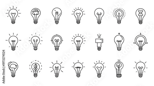 Creativity, innovation, lightbulbs and ideas icon set. Thin line editable stroke icons for brainstorming, imagination, design thinking, creative process, invention, inspiration, and problem solving