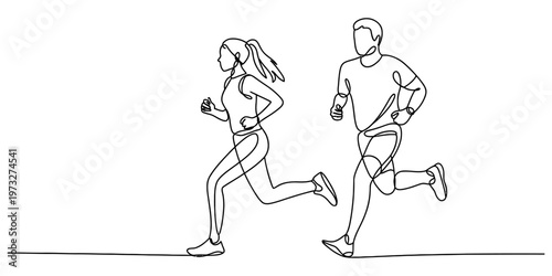 A continuous one line drawing of a man and a woman jogging together on a simple white background.