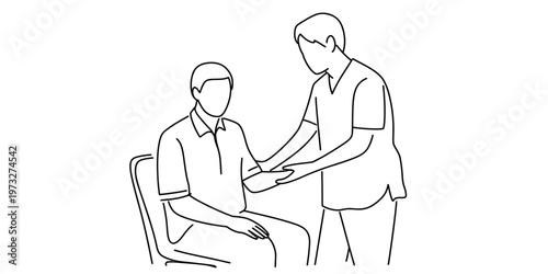 A black and white line drawing of a nurse providing care to a seated patient in a clinical setting