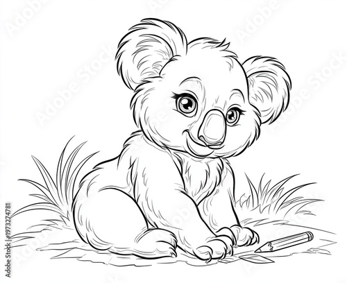 Cute koala sitting on grass with a pencil in its hand