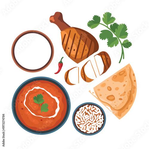 A colorful arrangement of indian food items on a white background