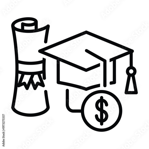 Graduation cap diploma and dollar sign coin icon - education costs and financial aid vector illustration