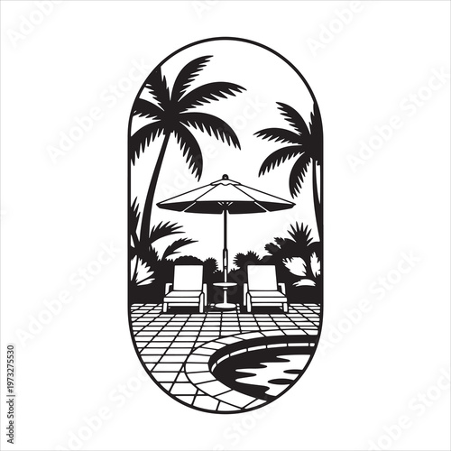 Tropical Resort Swimming Pool in Oval Frame