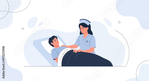 Nurse caring for patient in hospital bed, healthcare, medical assistance, comfort