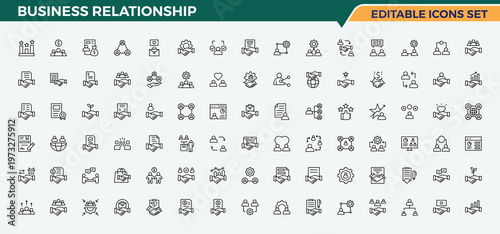Business Relationship line icon set. Containing collaboration, negotiation, partner, communication, relationship, team, teamwork. Editable stroke. Vector collection. Relationship modern icon set.