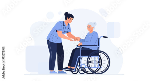 Nurse assisting elderly woman in wheelchair, healthcare, medical care, support, home care