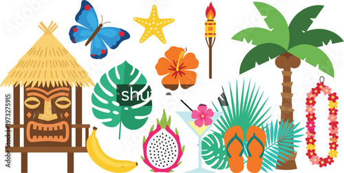 Tropical Beach and Island Vector Illustration with Palm Trees, Hut, Butterfly, Fruit, and Summer Decor for Vacation and Travel Designs