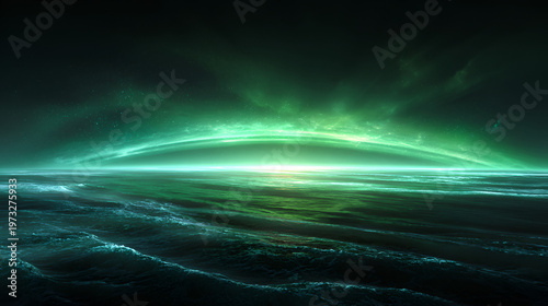 Electric green arc over glossy waves with horizon glow and cyber shine. Futuristic banner backdrop for ads and headers that grabs instant attention. 3d render illustration. Stock Illustration