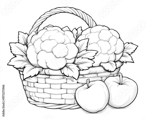 Basket holds cauliflower and apples in a simple arrangement