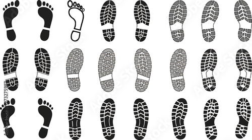 A graphic collection featuring a variety of black and gray footprint and shoe sole imprints. This set includes bare footprints and different tread patterns, ideal for representing movement, journey, 