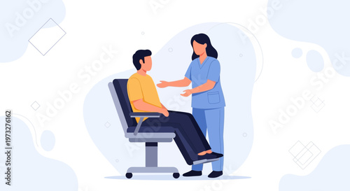 Doctor consulting patient in dental chair, healthcare concept illustration