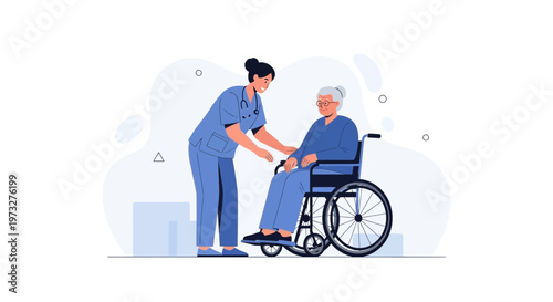 Nurse assisting elderly woman in wheelchair, healthcare, home care, medical support