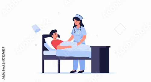 Nurse Caring for Patient in Hospital Bed, Medical Healthcare Illustration