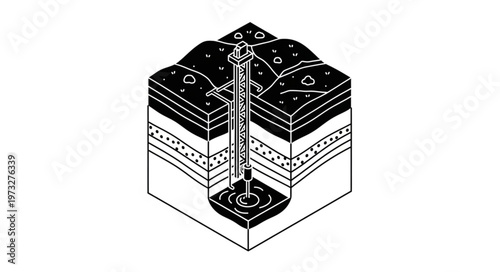 Isometric geological cross section of oil well drilling.