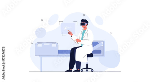Doctor using VR headset for medical diagnosis in futuristic hospital setting