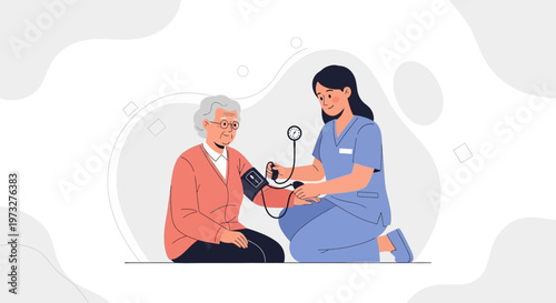 Nurse checking elderly woman's blood pressure, healthcare concept illustration