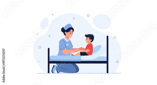Nurse comforting a young boy in a hospital bed, healthcare concept