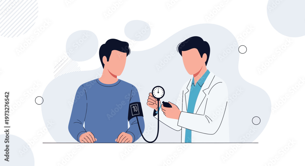Fototapeta premium Doctor measuring patient's blood pressure with sphygmomanometer, medical checkup illustration
