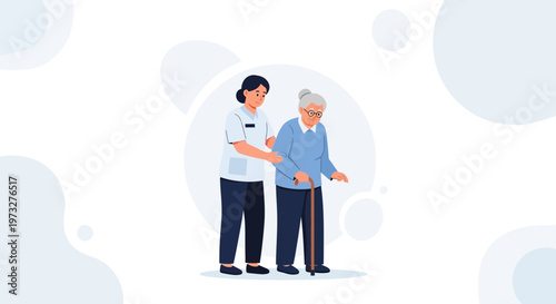 Nurse assisting elderly woman with cane, healthcare concept