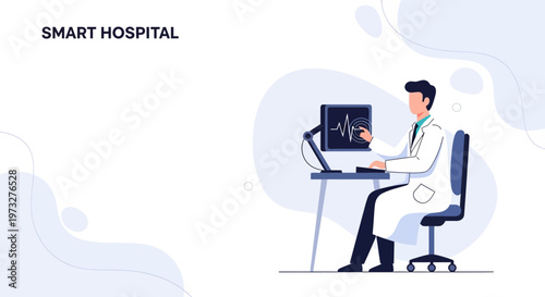 Smart Hospital Doctor Analyzing Medical Data on Futuristic Computer Screen