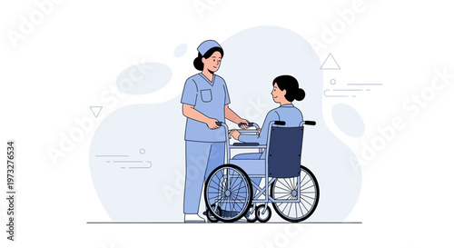 Nurse assisting patient in wheelchair, healthcare, medical care, illustration