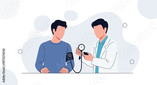 Doctor measuring patient's blood pressure with sphygmomanometer, medical checkup illustration