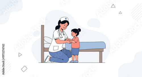 Nurse comforting child in hospital room, healthcare, medical care, pediatric, friendly doctor
