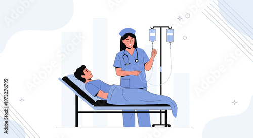 Nurse Administering IV Drip to Patient Lying in Hospital Bed - Medical Care Illustration