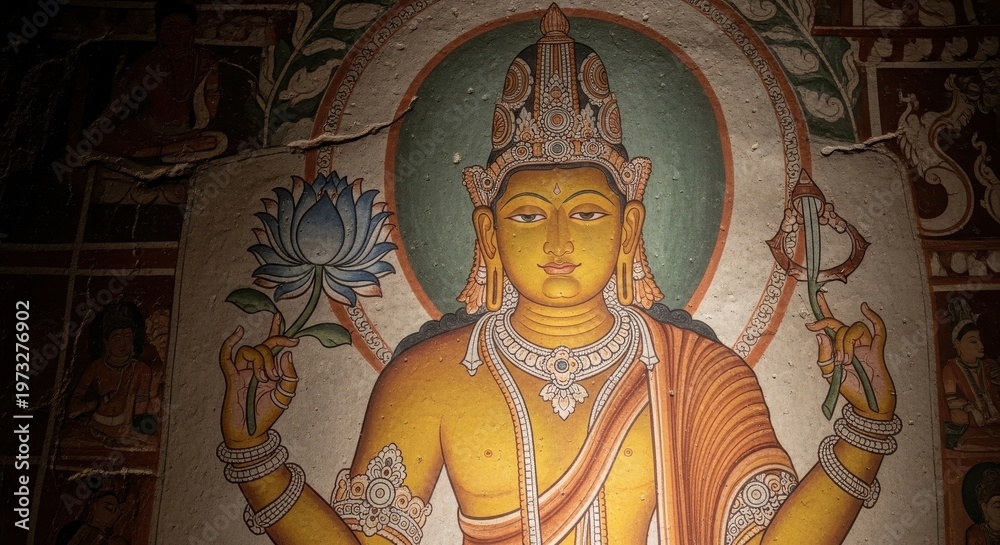 Obraz premium Ancient Buddhist Deity Statue in Sri Lankan Temple.