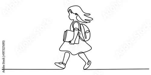 A single continuous line drawing of a young schoolgirl walking while carrying her heavy books
