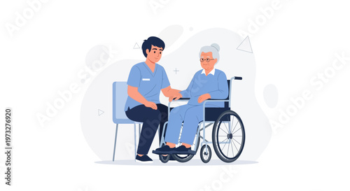 Caregiver assisting elderly woman in wheelchair, healthcare support, medical assistance
