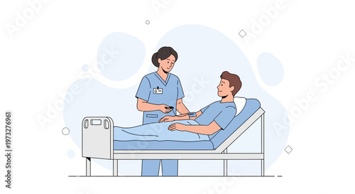 Nurse checks patient's vital signs in hospital bed, medical care illustration